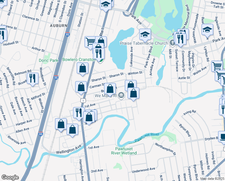map of restaurants, bars, coffee shops, grocery stores, and more near 105 Burbank Street in Cranston