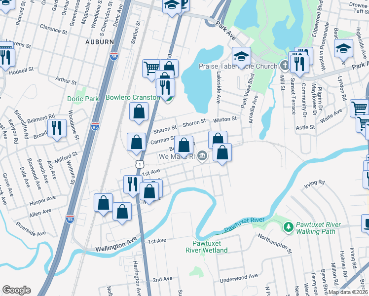 map of restaurants, bars, coffee shops, grocery stores, and more near 105 Burbank Street in Cranston