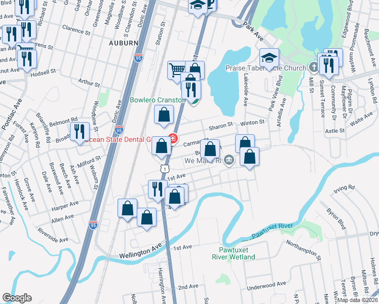map of restaurants, bars, coffee shops, grocery stores, and more near 68 Burbank Street in Cranston