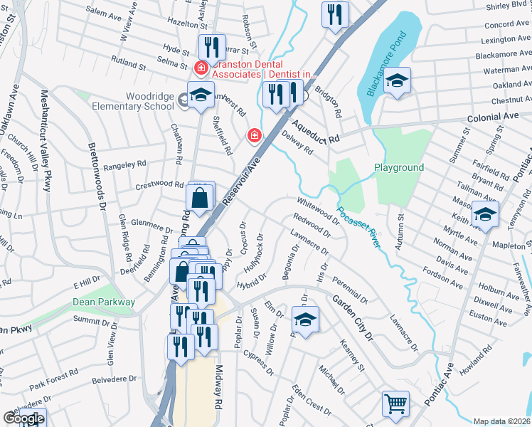 map of restaurants, bars, coffee shops, grocery stores, and more near 56 Lawnacre Drive in Cranston