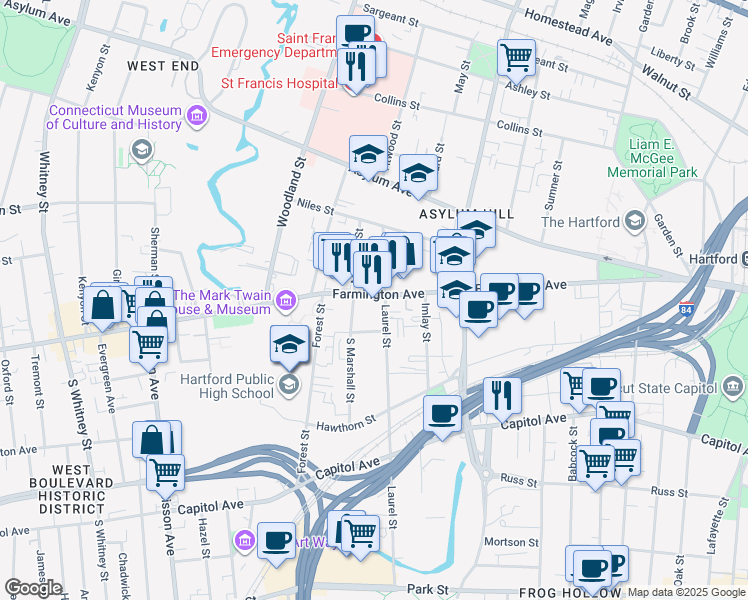 map of restaurants, bars, coffee shops, grocery stores, and more near 267 Farmington Avenue in Hartford
