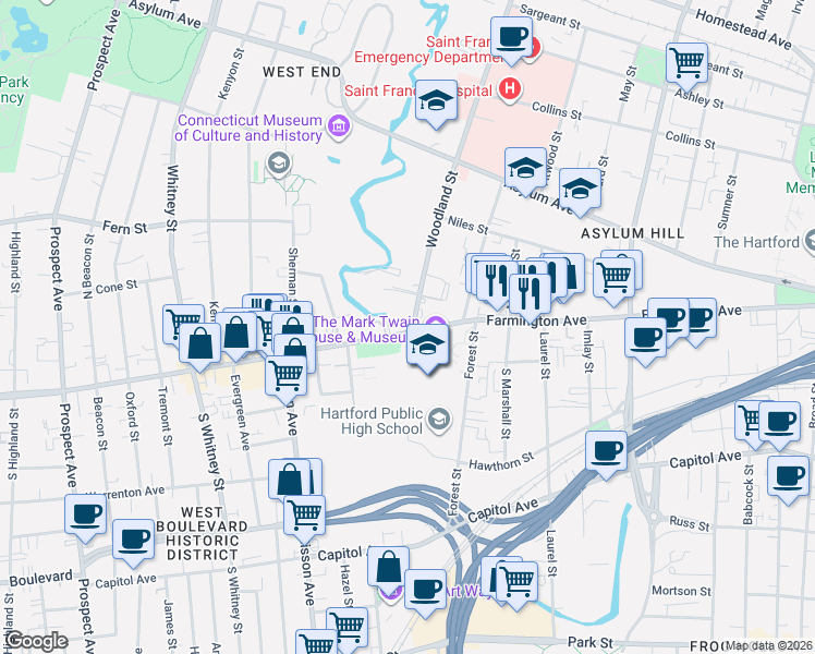 map of restaurants, bars, coffee shops, grocery stores, and more near 367 Farmington Avenue in Hartford