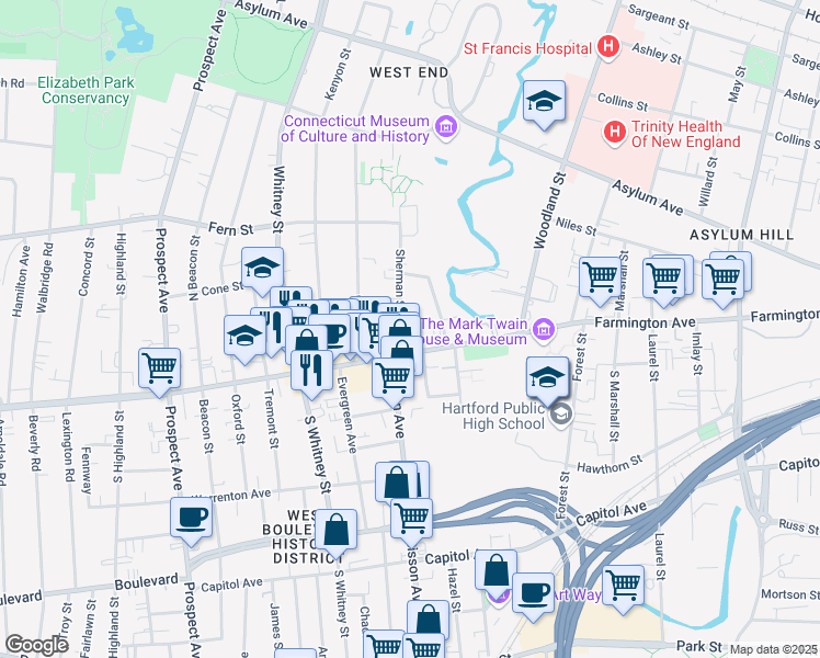 map of restaurants, bars, coffee shops, grocery stores, and more near 18 Sherman Street in Hartford