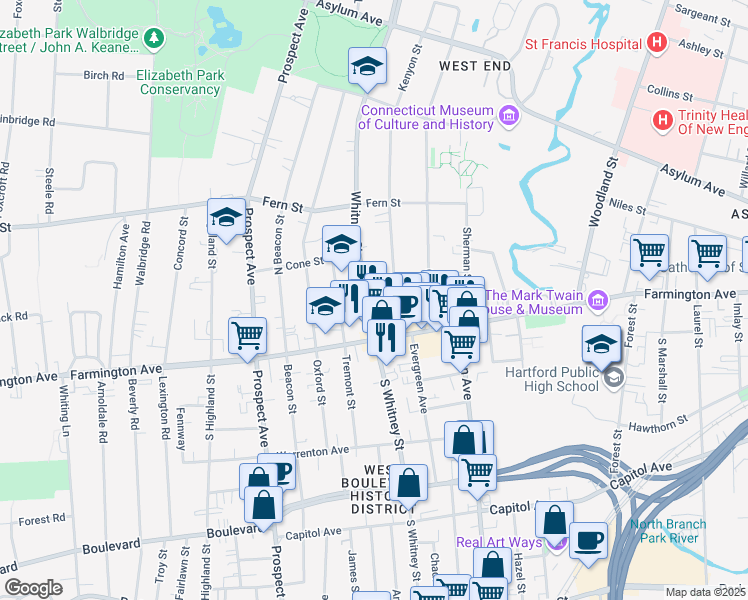 map of restaurants, bars, coffee shops, grocery stores, and more near 40 Whitney Street in Hartford