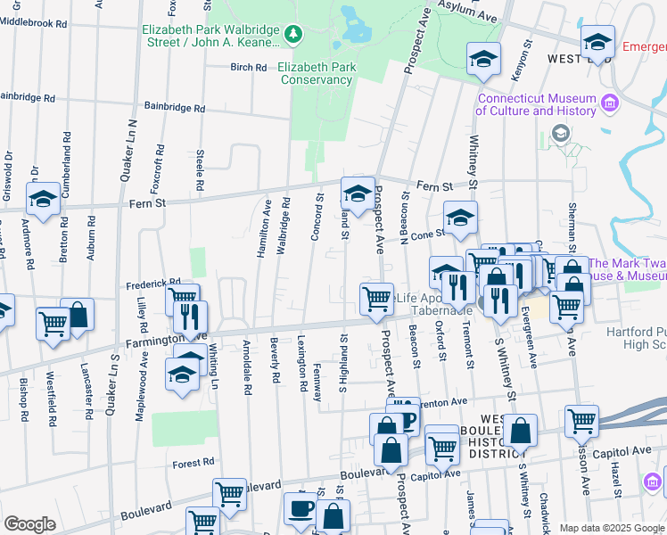 map of restaurants, bars, coffee shops, grocery stores, and more near 29 Highland Street in West Hartford