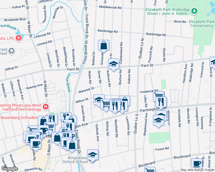 map of restaurants, bars, coffee shops, grocery stores, and more near 97 Ardmore Road in West Hartford