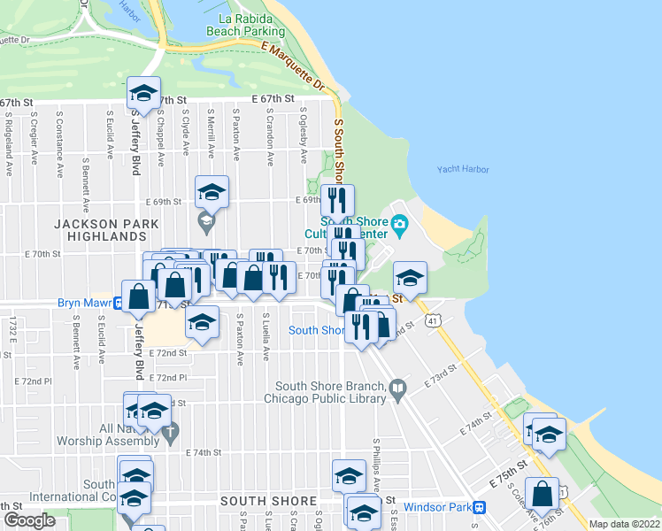 map of restaurants, bars, coffee shops, grocery stores, and more near 7016 South South Shore Drive in Chicago