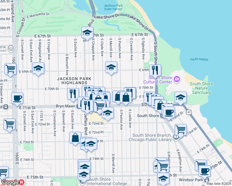 map of restaurants, bars, coffee shops, grocery stores, and more near 7016 South Paxton Avenue in Chicago