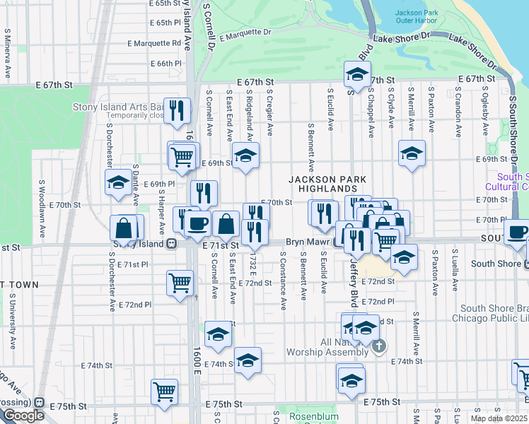 map of restaurants, bars, coffee shops, grocery stores, and more near 7012 South Cregier Avenue in Chicago
