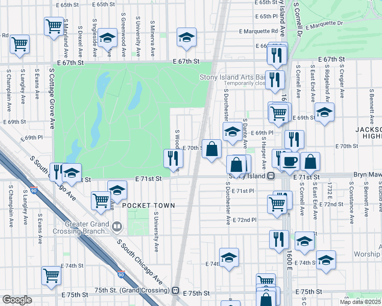 map of restaurants, bars, coffee shops, grocery stores, and more near 7005 South Kimbark Avenue in Chicago