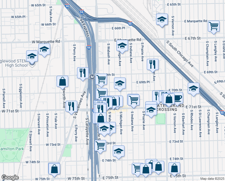 map of restaurants, bars, coffee shops, grocery stores, and more near 60 East 70th Street in Chicago
