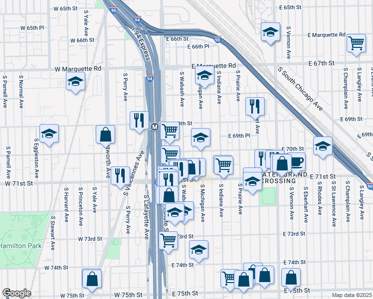 map of restaurants, bars, coffee shops, grocery stores, and more near 60 East 70th Street in Chicago