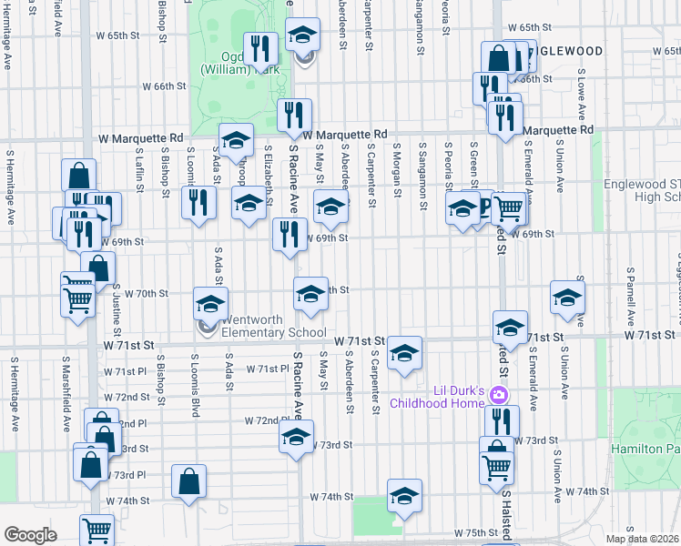 map of restaurants, bars, coffee shops, grocery stores, and more near 6941 South May Street in Chicago