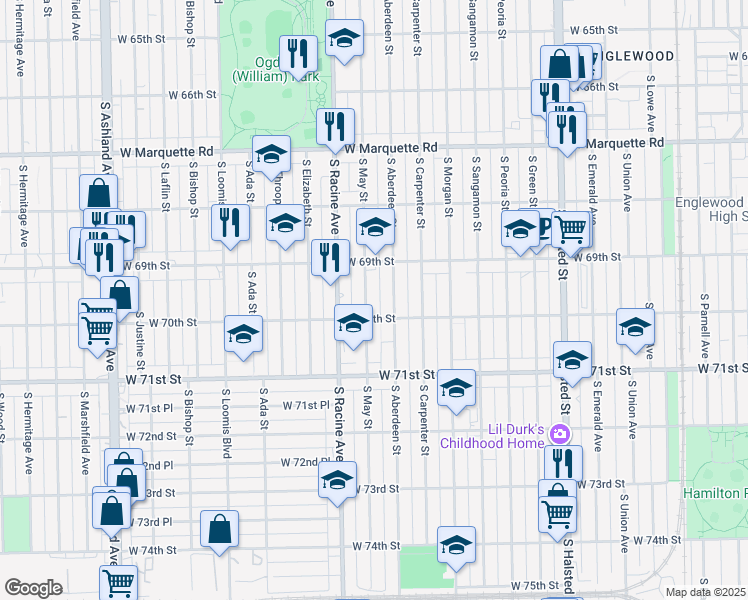 map of restaurants, bars, coffee shops, grocery stores, and more near 6941 South May Street in Chicago