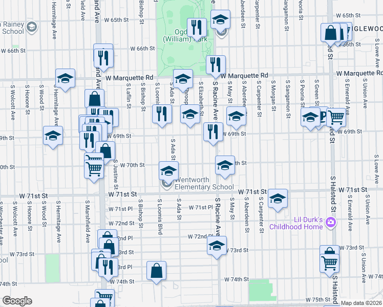 map of restaurants, bars, coffee shops, grocery stores, and more near 6938 South Throop Street in Chicago
