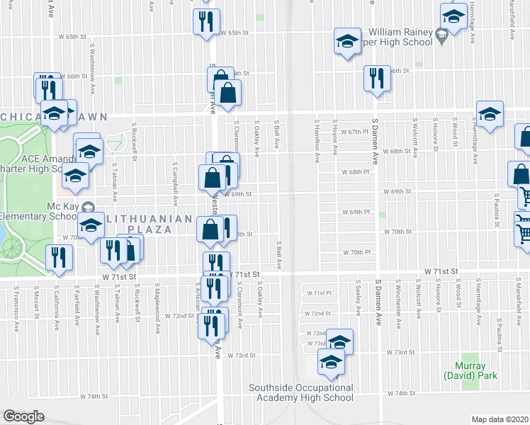map of restaurants, bars, coffee shops, grocery stores, and more near 6928 South Oakley Avenue in Chicago