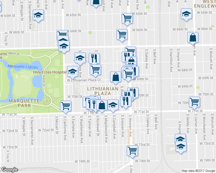 map of restaurants, bars, coffee shops, grocery stores, and more near 6925 South Maplewood Avenue in Chicago