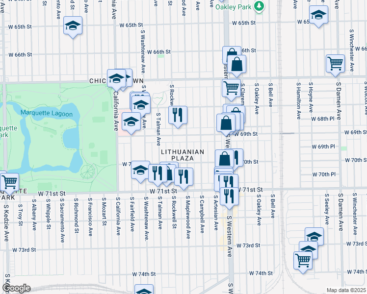 map of restaurants, bars, coffee shops, grocery stores, and more near 6925 South Maplewood Avenue in Chicago