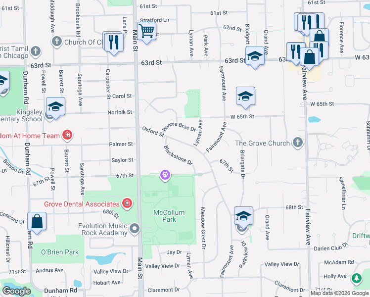 map of restaurants, bars, coffee shops, grocery stores, and more near 837 Oxford Street in Downers Grove
