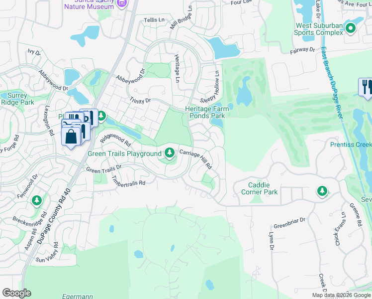 map of restaurants, bars, coffee shops, grocery stores, and more near 2030 Carriage Hill Road in Lisle
