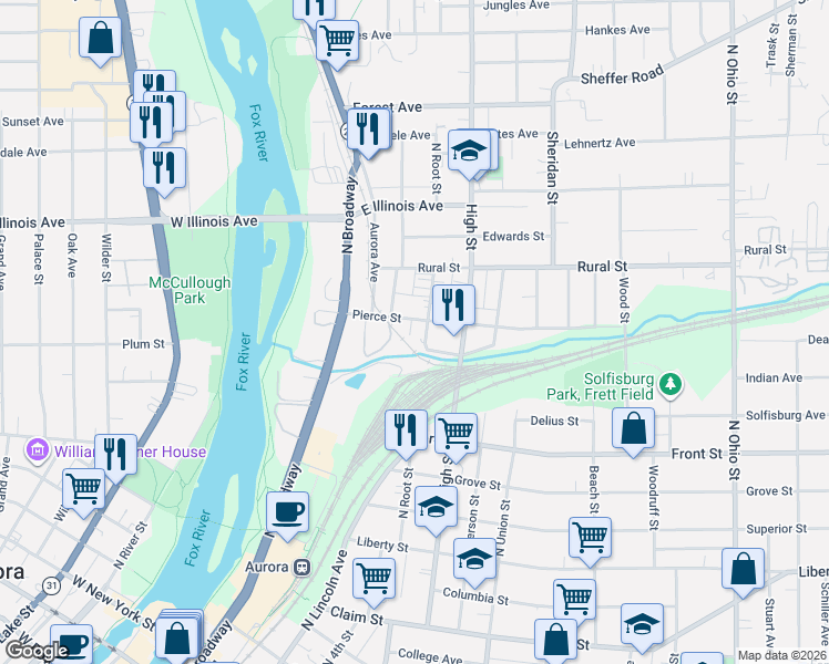 map of restaurants, bars, coffee shops, grocery stores, and more near 570 North Root Street in Aurora