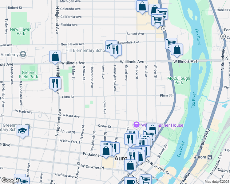 map of restaurants, bars, coffee shops, grocery stores, and more near 506 Pennsylvania Avenue in Aurora