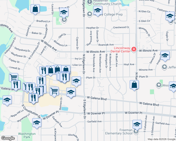 map of restaurants, bars, coffee shops, grocery stores, and more near 531 North Edgelawn Drive in Aurora
