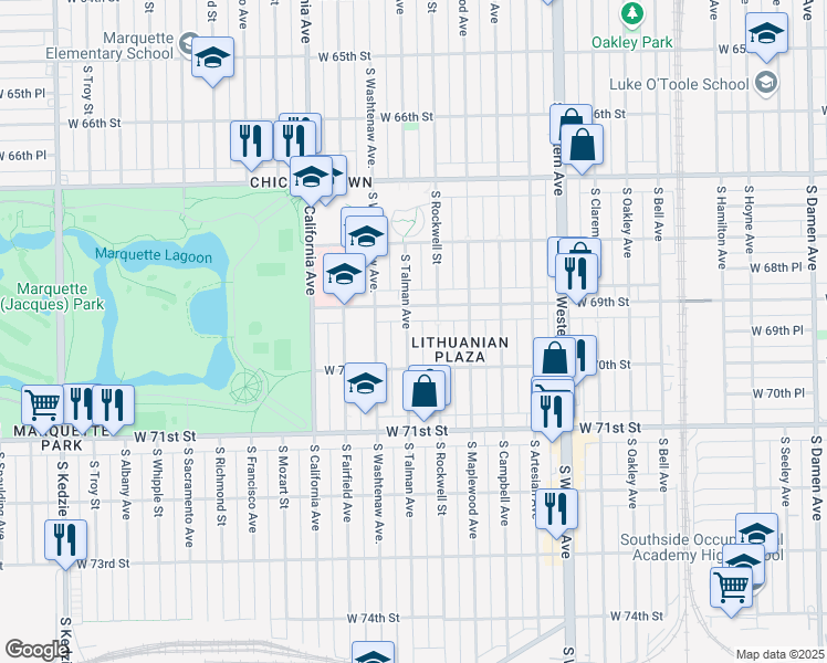 map of restaurants, bars, coffee shops, grocery stores, and more near 6925 South Talman Avenue in Chicago
