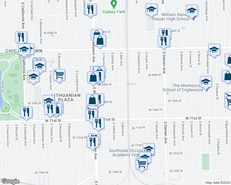 map of restaurants, bars, coffee shops, grocery stores, and more near 6927 South Oakley Avenue in Chicago