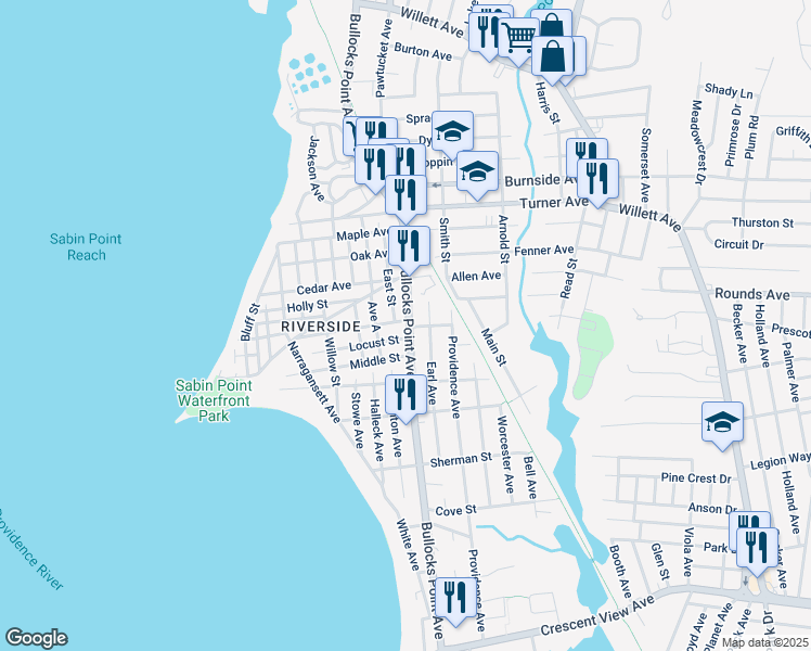 map of restaurants, bars, coffee shops, grocery stores, and more near Bullocks Point Avenue in East Providence