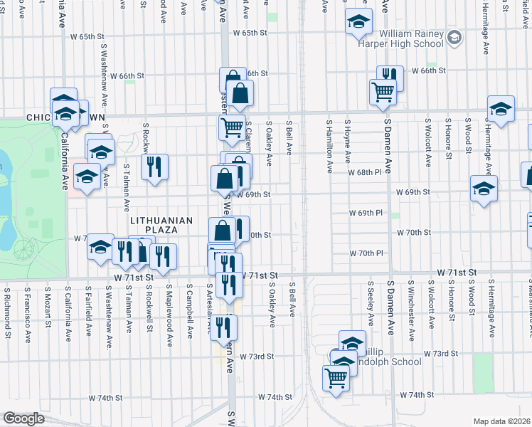 map of restaurants, bars, coffee shops, grocery stores, and more near 6928 South Oakley Avenue in Chicago