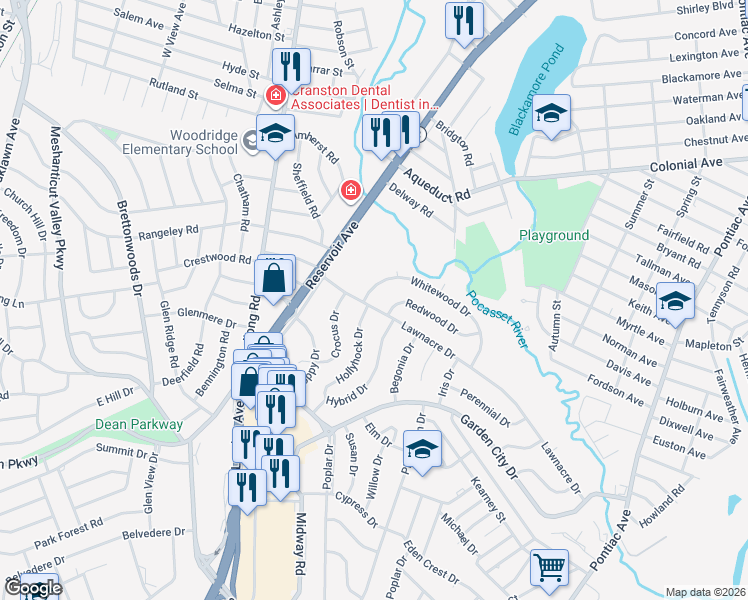 map of restaurants, bars, coffee shops, grocery stores, and more near 56 Lawnacre Drive in Cranston