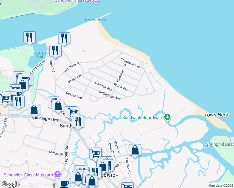 map of restaurants, bars, coffee shops, grocery stores, and more near 54 Carman Avenue in Sandwich