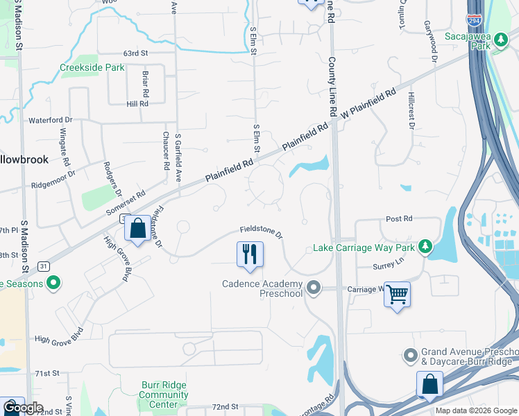 map of restaurants, bars, coffee shops, grocery stores, and more near 602 Kenmare Drive in Burr Ridge