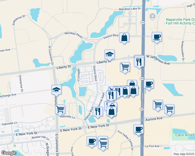 map of restaurants, bars, coffee shops, grocery stores, and more near 803 Station Boulevard in Aurora