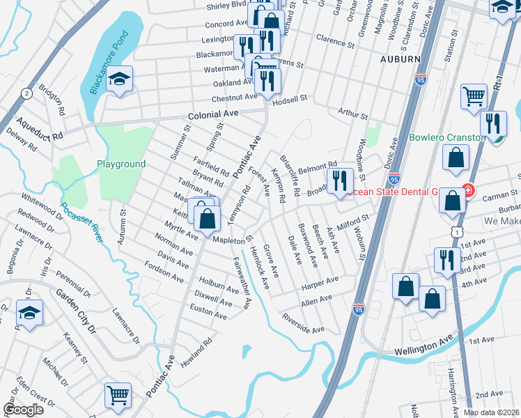 map of restaurants, bars, coffee shops, grocery stores, and more near 39 Rockland Avenue in Cranston