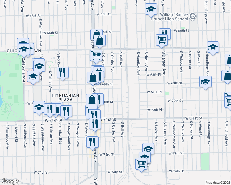 map of restaurants, bars, coffee shops, grocery stores, and more near 6928 South Oakley Avenue in Chicago