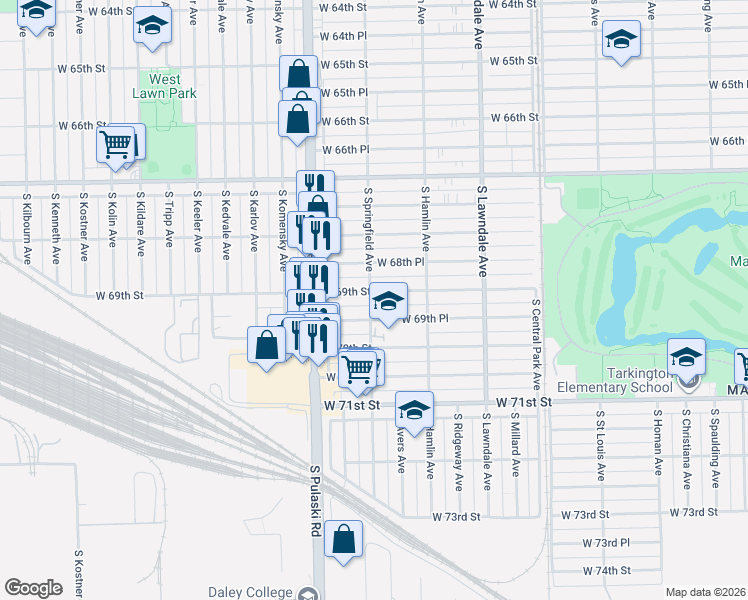 map of restaurants, bars, coffee shops, grocery stores, and more near 3859 West 69th Street in Chicago