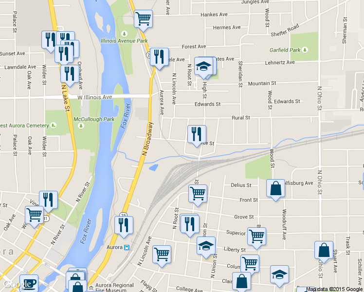 map of restaurants, bars, coffee shops, grocery stores, and more near 570 North Root Street in Aurora