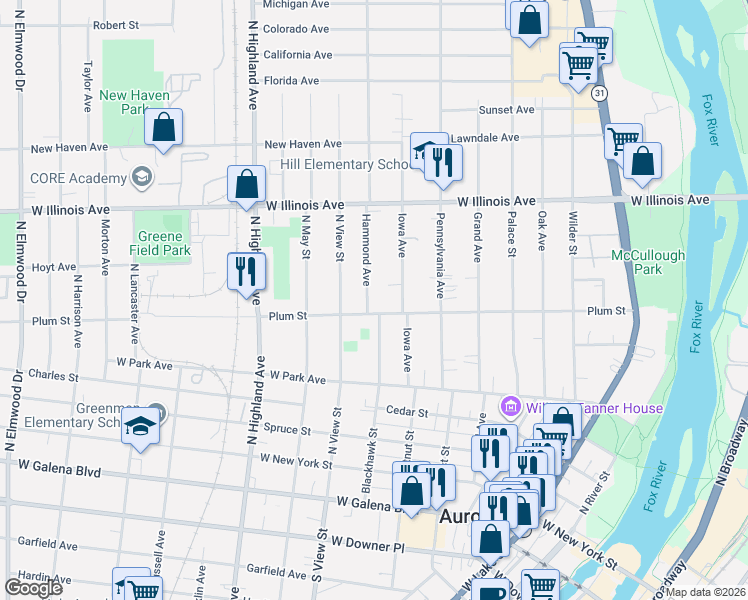 map of restaurants, bars, coffee shops, grocery stores, and more near 510 Hammond Avenue in Aurora