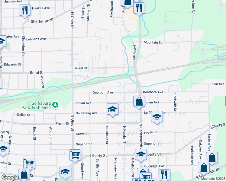 map of restaurants, bars, coffee shops, grocery stores, and more near 1216 Dearborn Avenue in Aurora