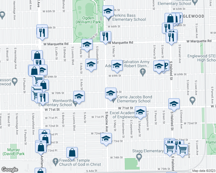 map of restaurants, bars, coffee shops, grocery stores, and more near 6941 South Racine Avenue in Chicago