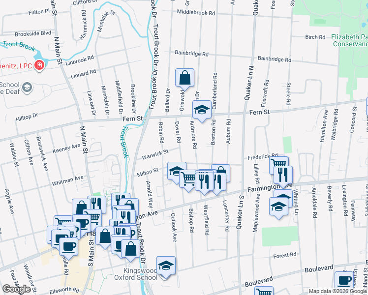 map of restaurants, bars, coffee shops, grocery stores, and more near 97 Ardmore Road in West Hartford