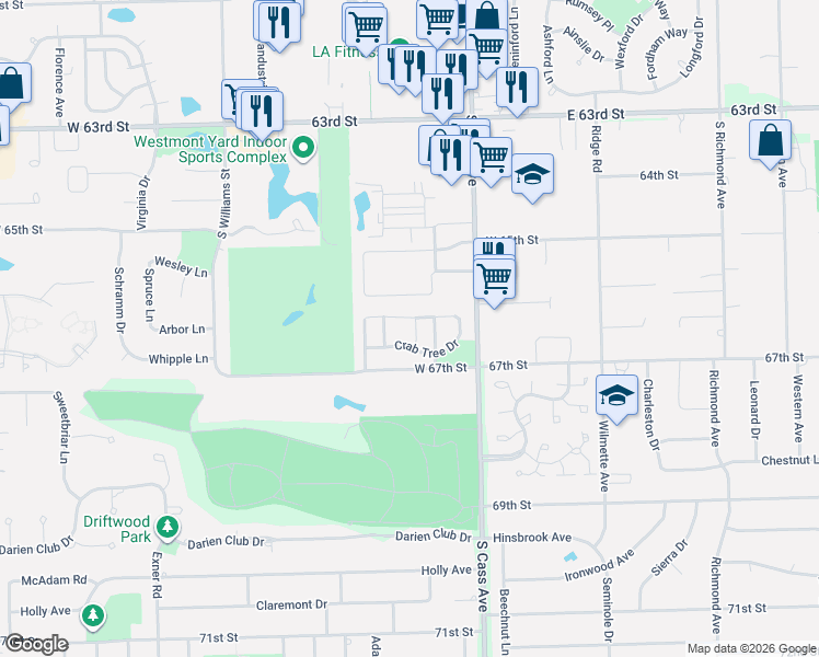 map of restaurants, bars, coffee shops, grocery stores, and more near 1519 Harvest Lane in Westmont