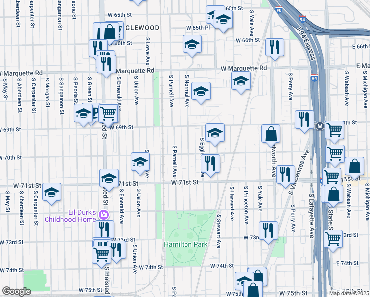 map of restaurants, bars, coffee shops, grocery stores, and more near 6948 South Normal Boulevard in Chicago