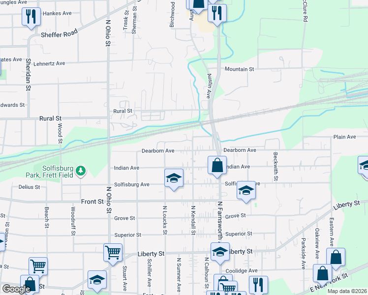 map of restaurants, bars, coffee shops, grocery stores, and more near 1232 Dearborn Avenue in Aurora