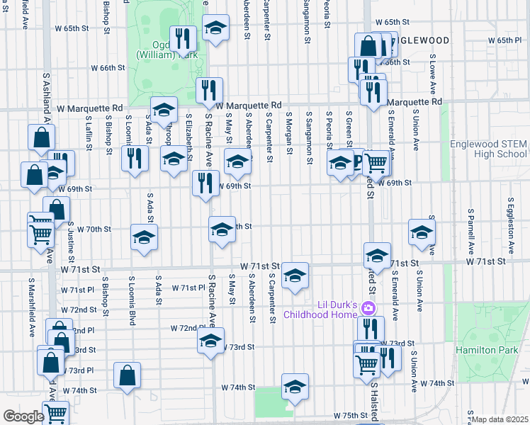 map of restaurants, bars, coffee shops, grocery stores, and more near 6940 S Carpenter St in Chicago