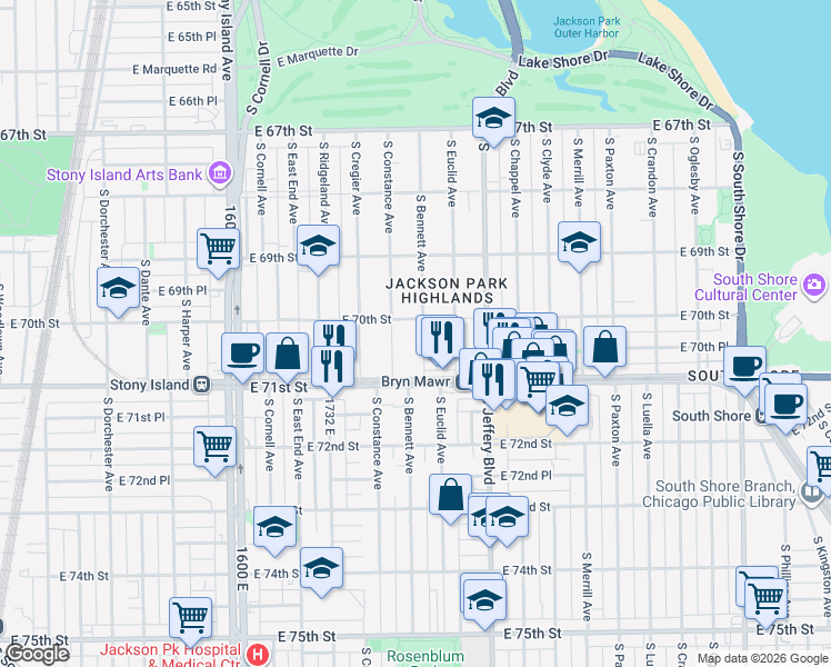 map of restaurants, bars, coffee shops, grocery stores, and more near 7010 South Bennett Avenue in Chicago