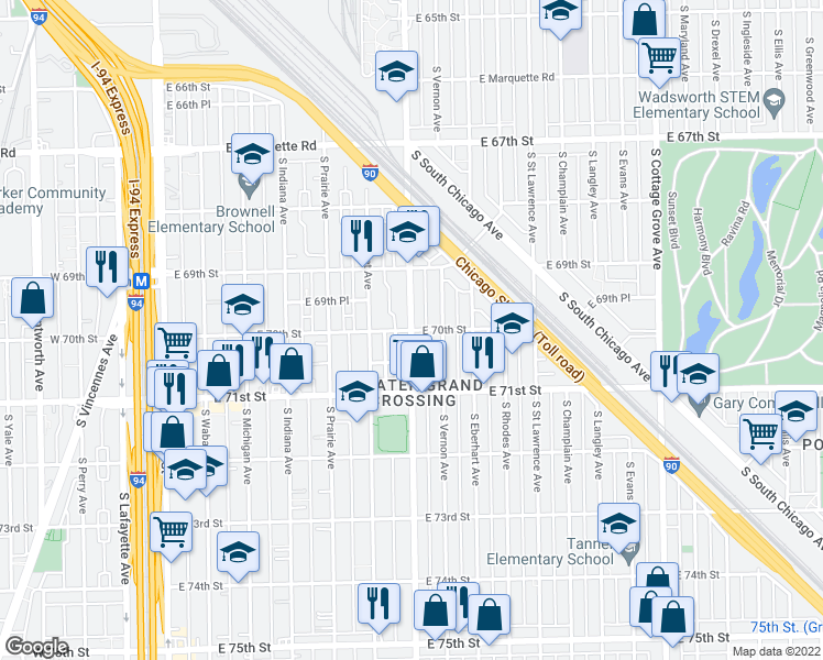 map of restaurants, bars, coffee shops, grocery stores, and more near S Dr Martin Luther King Jr Dr & E 70th St in Chicago
