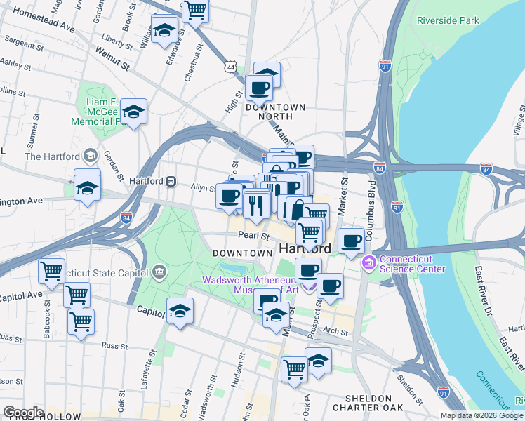 map of restaurants, bars, coffee shops, grocery stores, and more near 221 Trumbull Street in Hartford